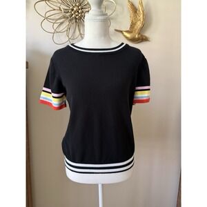 THML Black Knit Sweater Top Rainbow Stripe Sleeve Cuffs Women's Small Preppy
